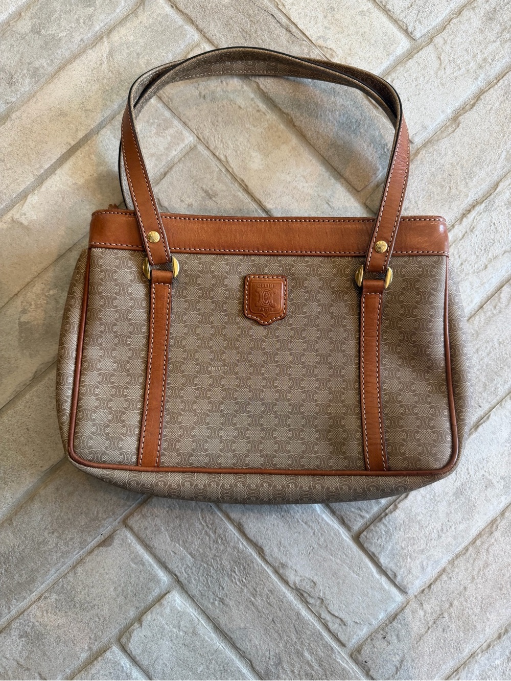 Vintage Celine Macadam Monogram Shoulder Bag Brown Tan Leather